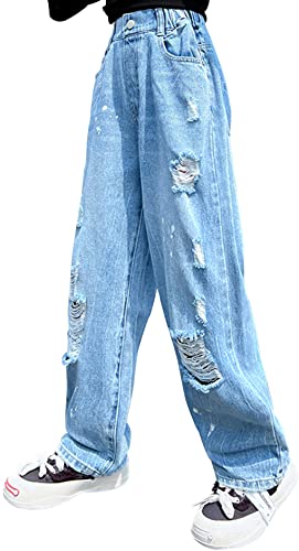 Panegy Zerrissene Jeans für Kinder Große Mädchen Jeans mit geradem Bein Lässige Jeans mit weitem Bein Niedliche lockere stylische Hose Regular Fit Denim Hose mit Tasche Blau 10-11 Jahre von Panegy