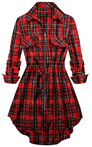 Plaid Shirt Kleid für Frauen Lange Ärmel mit Reißverschluss unten mit Taschen Kleid unregelmäßige Patchwork Tunika Shirt Mini Kleid A Line Shirt Kleid V Hals tauchen Top Bluse Rot M von Panegy