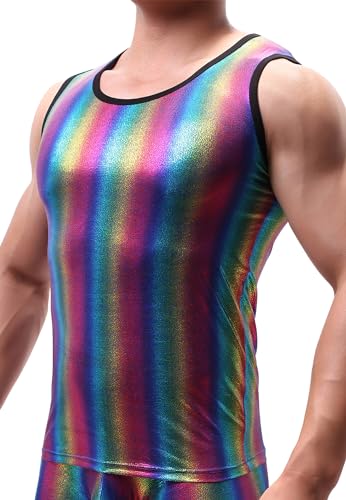 Regenbogen Herrenweste Netzhemd Dehnbar Gestreiftes Sport Tank Top Ärmellos Sexy Crop Bluse Unterhemden von Panegy