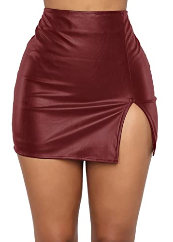 Bleistift Bodycon Kunstleder Rock für Frauen - Mini, Elastisch, Hohe Taille, Zip Zurück, Slim Fit Style, Split Wrap - Party Night Röcke - Rot Medium von Panegy