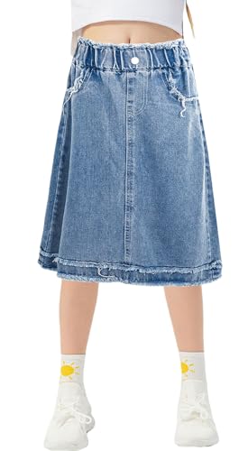 Röcke für Teenager Mädchen Kinder Casual Taschen Stretch Plain Rock Solid Straight Fit Knee Length Jean Rock Elastic High Waist A Line School Denim Rock Blau 13-14 Jahre von Panegy