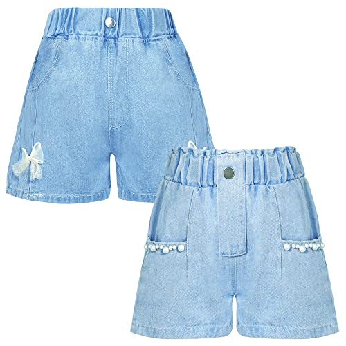 Shorts für Mädchen Weite Denim Shorts Elastischer Bund Shorts Sommer Mid Waisted Jeans Short Casual Stretch Shorts 2er Pack 8-9 Jahre von Panegy