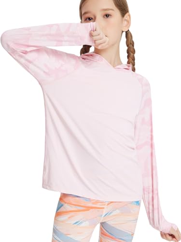 Sportliche Mädchen Langarm-Shirts UPF50+ Sonnenschutz mit Kapuze Ausschlagschutz aktiv dehnbar Schwimmen Shirt Top schnell trocken Leistung sportlich Hoodie Rosa 7-8 Jahre von Panegy