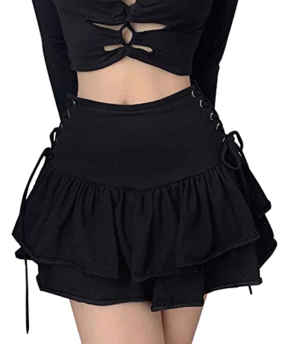 Unregelmäßiger Rock mit hoher Taille Mehrschichtiger Rüschensaum Minirock Punk Darkness Lady Rock Casual Loose Club Skirts A-Line Party Rock Schwarz Small von Panegy