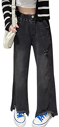 Zerrissene Jeans für Mädchen Elastische Taille Denim-Hosen Weites Bein Lose Hose mit Tasche Largee Kinder Jeans mit geradem Bein Reguläre Passform Denim-Hosen Grau Large von Panegy