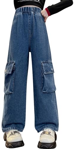 Zerrissene Jeans für Mädchen mit Taschen Distressed Streetwear Jeans Bootcut High Waist Wide Leg Denim Pants Casual Loose Baggy Trousers Blau 13-14 Jahre von Panegy