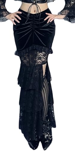 anegy Damen High Waist Flare Gothic Mini Schwarz Faltenrock Kleid Vintage Samt Party Club Röcke Large von Panegy