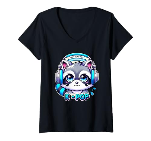 Damen Süßer Waschbär hört K-Pop T-Shirt mit V-Ausschnitt von PanfurWare LLC