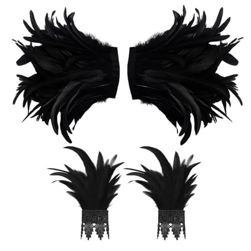 PangWuu Gothic Feder Epauletten & Manschetten Set Schwarz – Schulterklappen Umhang & Armbänder Halloween Kostüm Accessoires für Damen Herren Cosplay Party Karneval Fasching von PangWuu