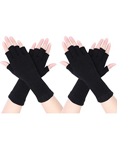 2 Paar Unisex Fingerlose Handschuhe Half Finger Dehnbar Strick Handschuhe Verlängern Handgelenk Handschuhe Winter Warme Handschuhe (Schwarz) von Pangda