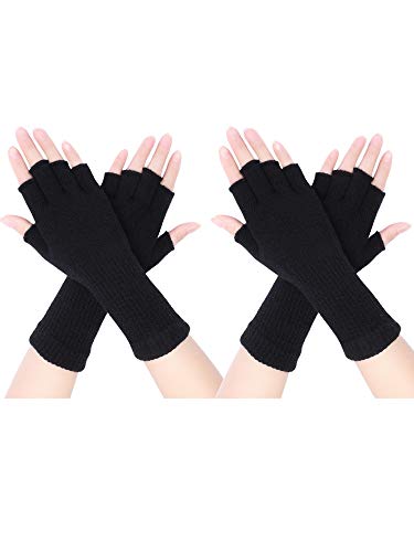2 Paar Unisex Fingerlose Handschuhe - Half Finger Dehnbar Strick Verlängern Handgelenk Winter Warme Handschuhe (Schwarz) von Pangda