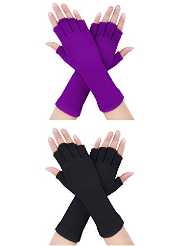 2 Paar fingerlose Handschuhe, Halbfinger, dehnbar, Strickhandschuhe, verlängert das Handgelenk, Fäustlinge, Winter, warme Handschuhe, Schwarz / Violett, Medium von Pangda