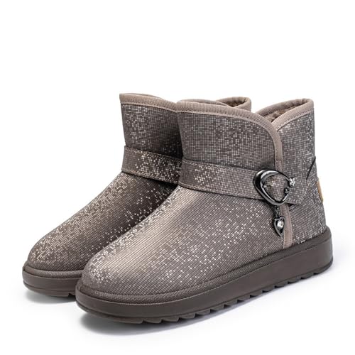 Pangolin Damen Glitzer Schneestiefel Winter Pelz Gefütterte Stiefeletten Damen Slip-On Warme Leichte Mode Stiefeletten Braun 39 EU von Pangolin