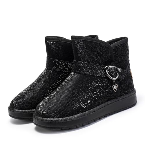 Pangolin Damen Glitzer Schneestiefel Winter Pelz Gefütterte Stiefeletten Damen Slip-On Warme Leichte Mode Stiefeletten Schwarz 39 EU von Pangolin