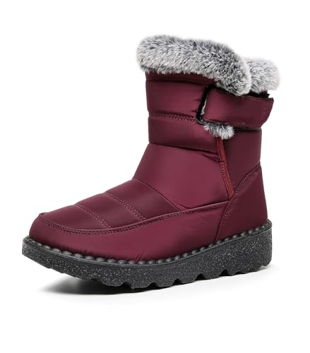 Pangolin Damen Schneestiefel Wasserdichtes Kissen Thermopelz Gefüttert Damen Warmer Flauschiger Kragen Mode Knöchel Stiefeletten Rot 39 EU von Pangolin