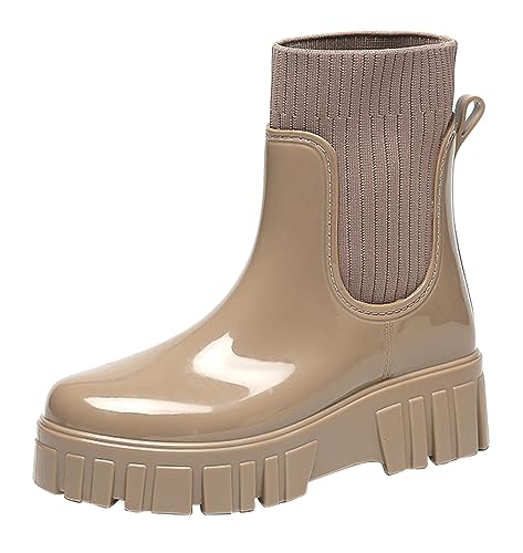 Pangolin Frauen Mode Wellington Rutschfest Wasserdicht Regen Stiefel Höhe erhöhen Prävention Dicke Boden Gummistiefel Aprikose 37 EU von Pangolin