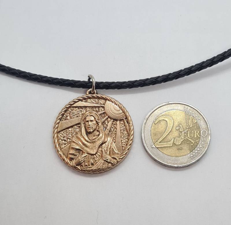 Jesus Christus Medaillon 24 Karat Vergoldet, Leder Halskette . Modeschmuck Handgefertigt, Anhänger Ist Blei - Und Nickelfrei von Pangun