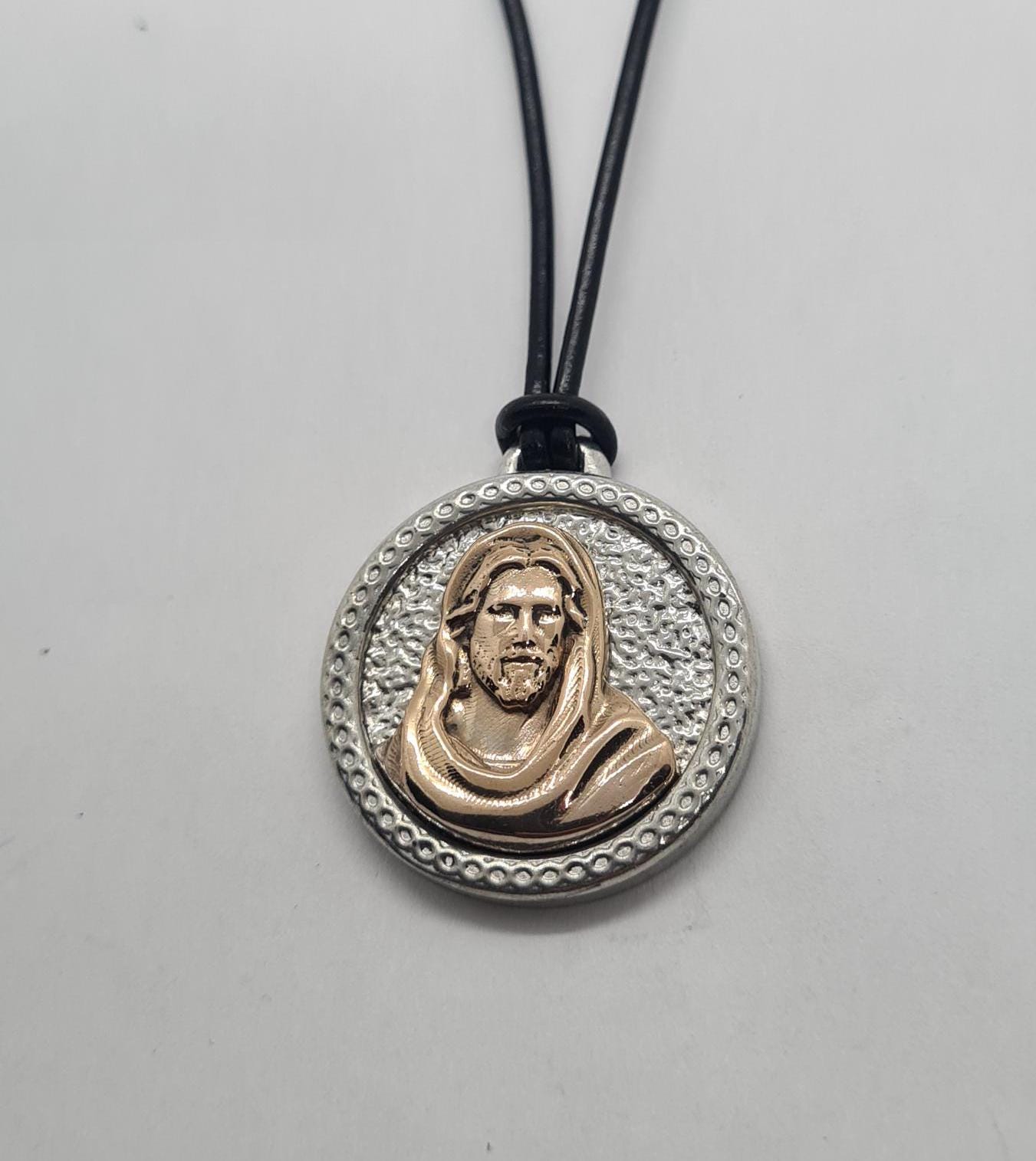 Jesus Christus Medaillon 24 Karat Vergoldet, Leder Halskette . Modeschmuck Handgefertigt, Anhänger Ist Blei - Und Nickelfrei von Pangun