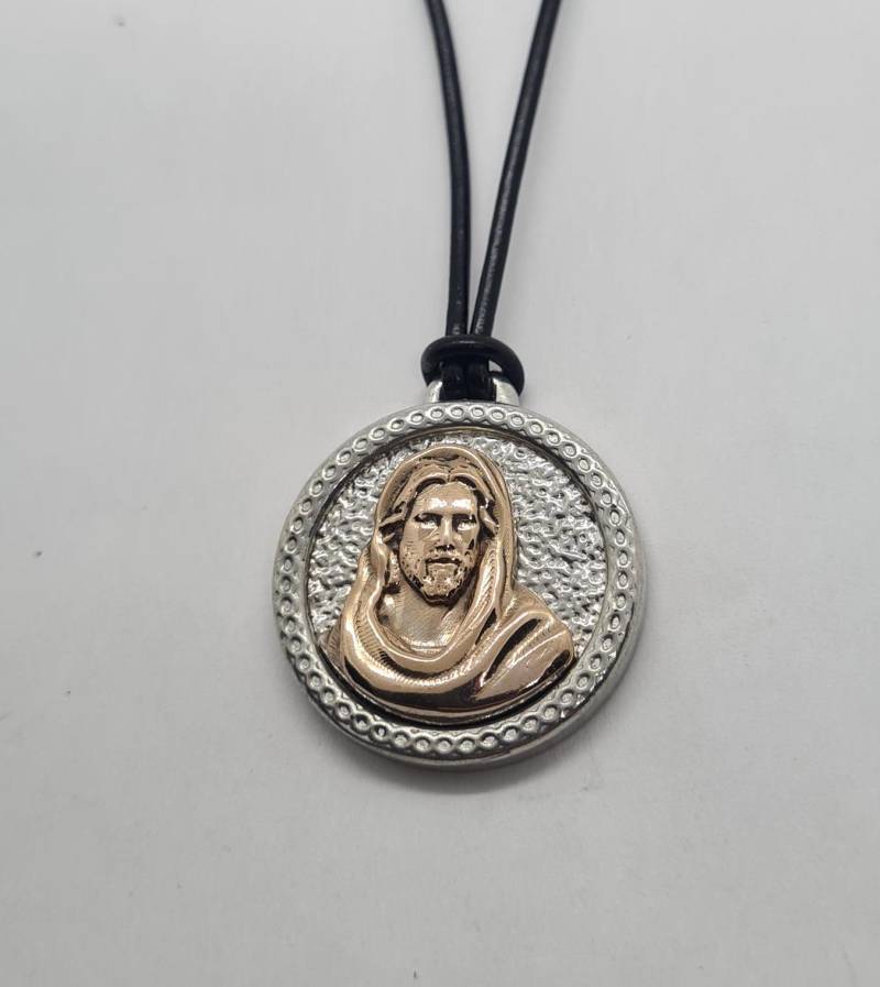 Jesus Christus Medaillon 24 Karat Vergoldet, Leder Halskette . Modeschmuck Handgefertigt, Anhänger Ist Blei - Und Nickelfrei von Pangun