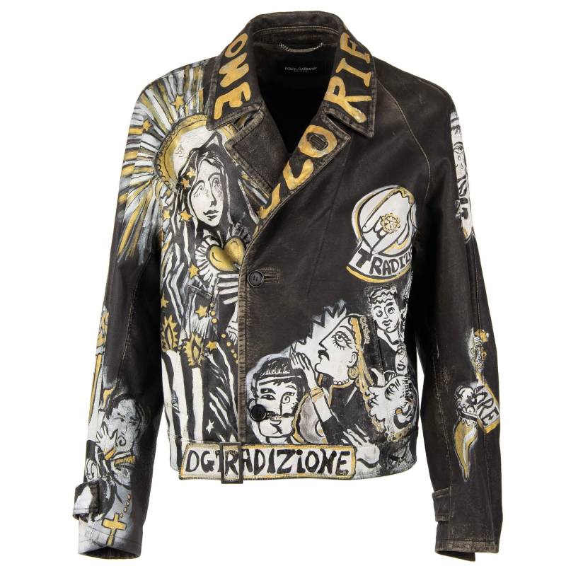Dolce & Gabbana Oversize Graffiti Bemalte Lederjacke Gd Tradizione Schwarz 48 von PaniMuza