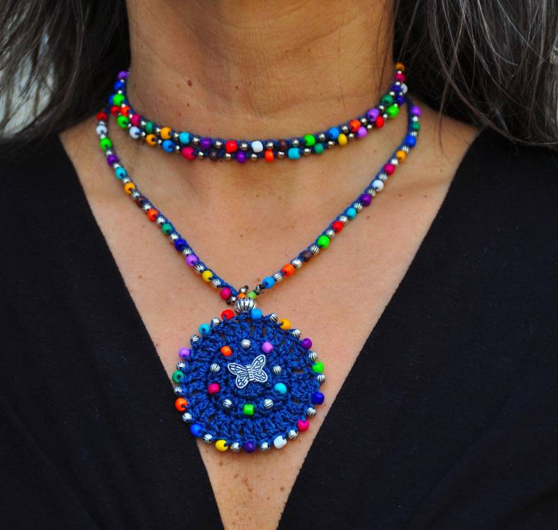 Indigo Mandala Häkelkette Boho Hippie Anhänger von PanoParaTanto