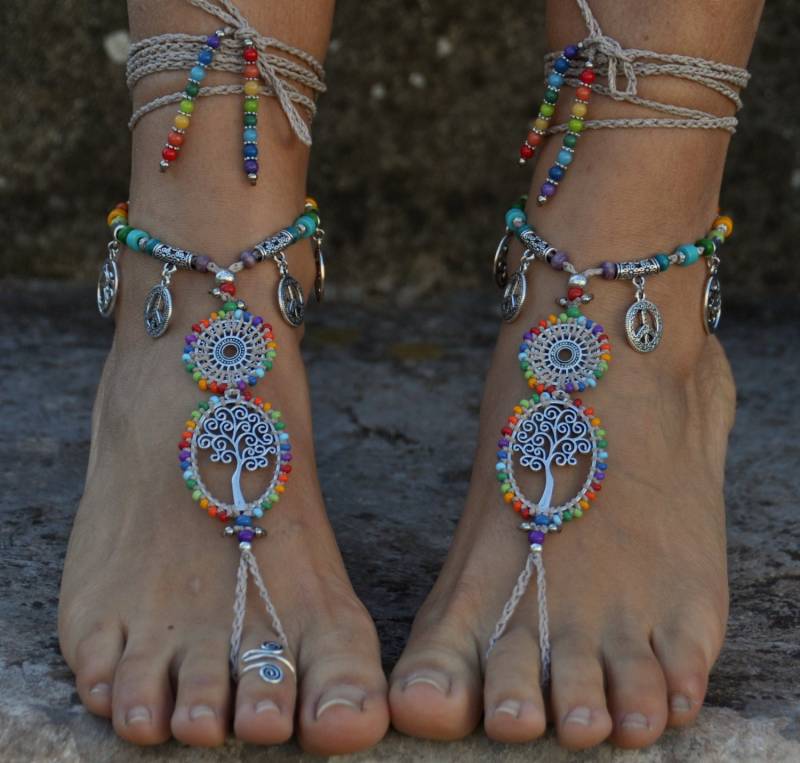Regenbogen Baum Des Lebens Barfuß Sandalen Gehäkelter Boho Fuß Schmuck von PanoParaTanto