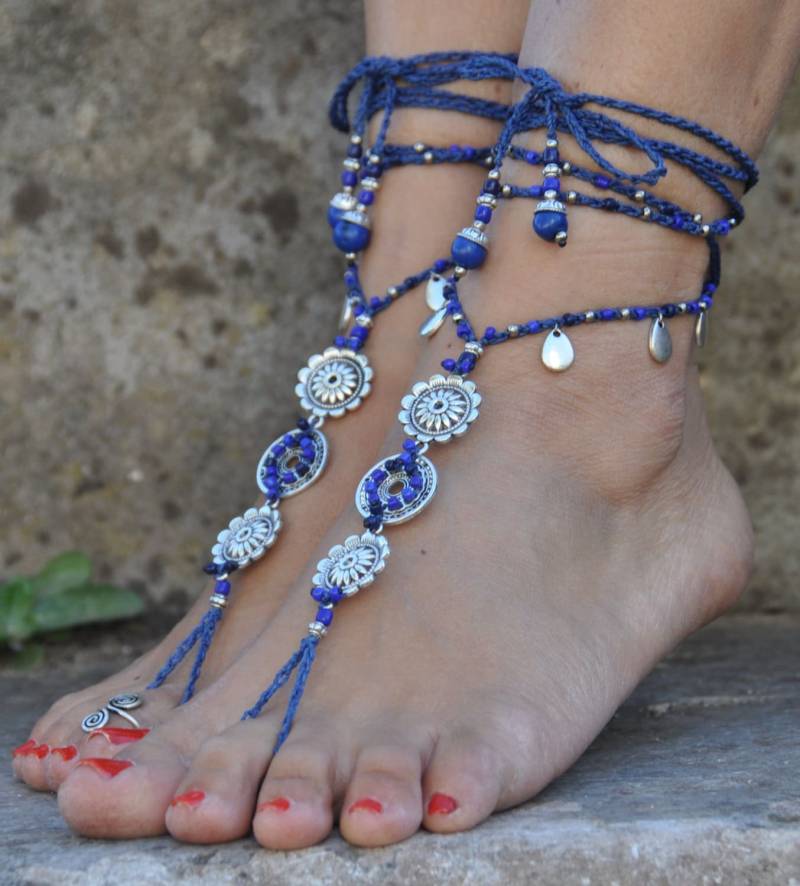 Indigo Blau Barfuß Sandalen Häkeln Perlen Fuß Schmuck von PanoParaTanto