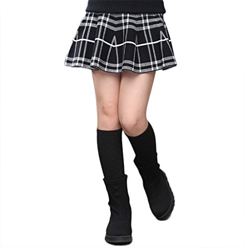 Herbst Winter Mädchen Faltenrock Mini Skater Rock Girl Freizeit Tellerrock A-Linie Prinzessin Taillenrock 4-12 Jahre Rüschen Jersey Skirt Schulmädchen (140 / herstellergröße 150#, schwarz - karo) von PanpanBox