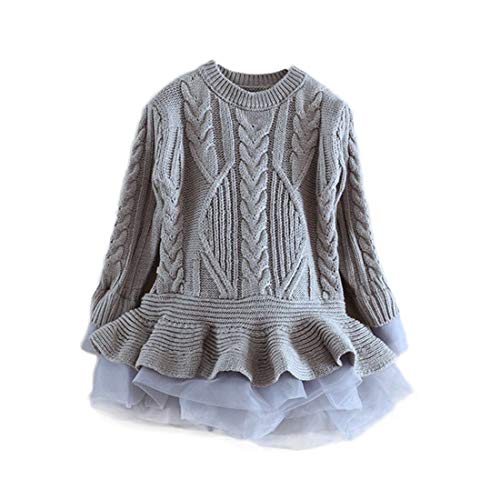 Mädchen Strickpullover Kleid Organza Kante Tutu Strickkleid Skater Pullikleid Sweater Faltenrock Plissee Minikleid Warm Blusenkleid Rundhals Winter 1-8 Jahre (128 / herstellergröße 140#, grau) von PanpanBox
