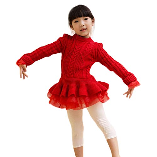 Mädchen Strickpullover Kleid Organza Kante Tutu Strickkleid Skater Pullikleid Sweater Faltenrock Plissee Minikleid Warm Blusenkleid Rundhals Winter 1-8 Jahre (128 / herstellergröße 140#, rot) von PanpanBox