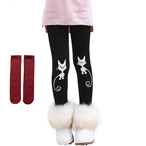 PanpanBox Mädchen Thermo Jeggings Warm Freizeithosen Schlank Winterhosen Wolle Pants Elastizität Kinder Fleece Thermounterwäsche Legging Verdickte Winter 2-10 Jahre (134/140/146 L, Katzen) von PanpanBox