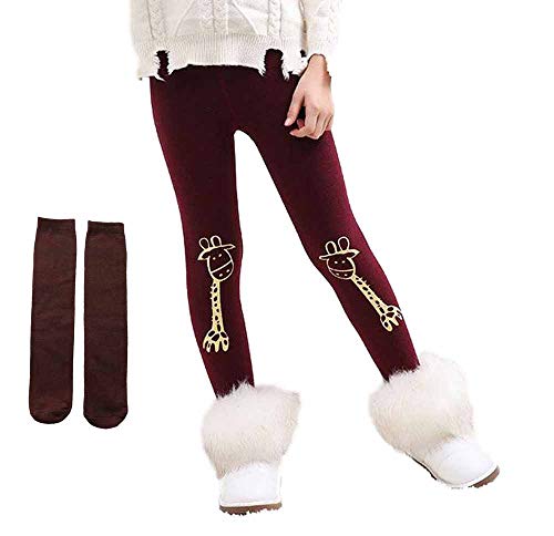 Mädchen Thermo Jeggings Warm Freizeithosen Winterhosen Wolle Pants Elastizität Kinder Fleece Thermounterwäsche Legging Verdickte Winter 2-10 Jahre (116/122/128 // Verkäufer M, weinrot-giraffe) von PanpanBox