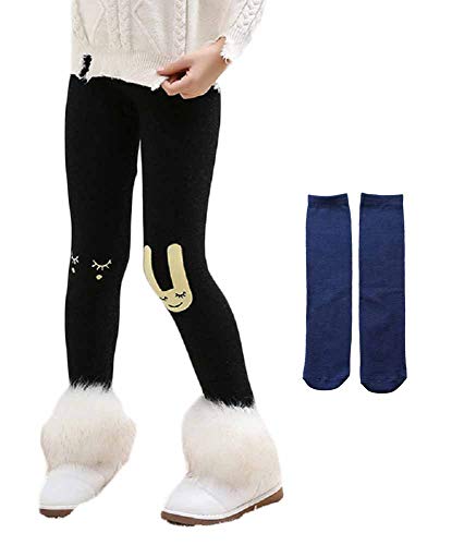 PanpanBox Mädchen Thermo Jeggings Warm Freizeithosen Winterhosen Wolle Pants Elastizität Kinder Fleece Thermounterwäsche Legging Verdickte Winter 2-10 Jahre (134/140/146 L, grau schwarz-Kaninchen) von PanpanBox