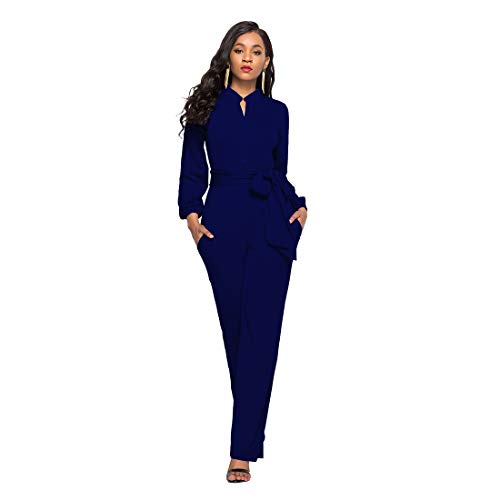 PanpanBox Damen Langarm Hemd Business Stretch Overall Hosenanzug Frauen Einfarbig Jumpsuit Marlene Röhren Palazzo mit Bindegürtel Büro Culotte Relaxed Weites Bein (S, dunkelblau) von PanpanBox