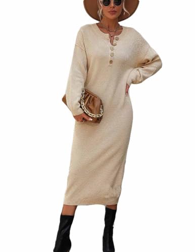 PanpanBox Damen Strickkleider Midi Jerseykleider Rundausschnitt Freizeitkleid Langarm Elegant Wickelkleider Herbst Winter Cocktailkleid (DE/NL/SE/PL, Alphanumerisch, XL, Regular, Regular, beige) von PanpanBox