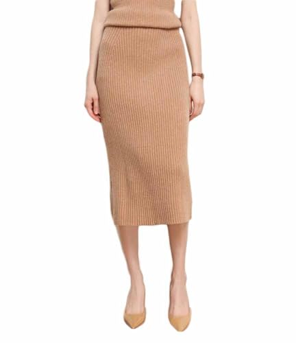 PanpanBox Damen Strickrock Business Bleistiftrock Lange Wickelrock Frauen Elegant Midi Taillenrock Stretch Wadenlang Frühling Herbst (DE/NL/SE/PL, Alphanumerisch, L, Regular, Regular, Hellbraun) von PanpanBox