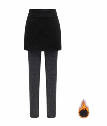 PanpanBox Damen Thermo Leggings mit Mini Rock Frauen Warm Winterhosen Freizeit Lange Hosen Dick Große Größen S-6XL (DE/NL/SE/PL, Alphanumerisch, M, Regular, Regular, schwarz + grau) von PanpanBox