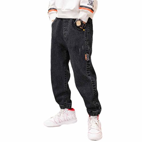 PanpanBox Jeans-Hosen Jungen mit Bündchen Gummizug Cargohose Casual Pants Frühjahr Herbst Vintage Freizeithosen für 5-14 Jahre (DE/NL/SE/PL, Numerisch, 150, Regular, schwarz) von PanpanBox