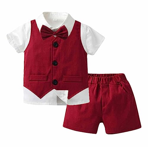 PanpanBox Jungen Anzug Hemd Weste und Kurze-Hose mit Schleife Kinder Retro Set Sommer Freizeithemd Casual Tops Shorts (weinrot, 130) von PanpanBox