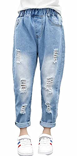 PanpanBox Mädchen Jeans 7/8 Jeanshose Zerrissene Chinohose Locker Cargohose mit Gummizug Hellblau Kinder Denim Pants Karotte Lässige 3-12 Jahre (140#/ ~8-9 Jahre) von PanpanBox