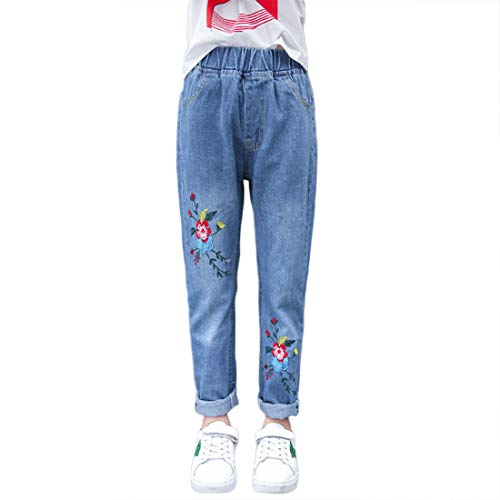 PanpanBox Mädchen Jeanshose Stickerei Blumen Chinohose Jeans Kinder Cargo Pants Freizeithosen Denim Karotte Bundhose 3-12 Jahre (130cm/ ~7-8 Jahre) von PanpanBox