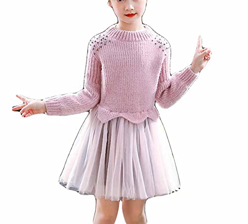 PanpanBox Mädchen Strickkleider Prinzessin A-Linie Tüll Faltenkleid Gefüttert Warm Baby Partykleid Herbst Winter Sweater Girls Thermo Strickpullover Kleid (Pink, 110) von PanpanBox