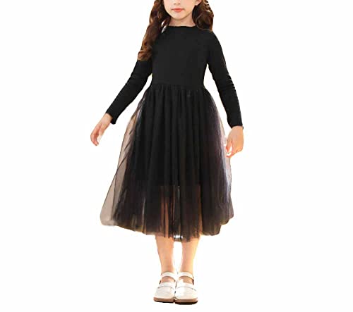 PanpanBox Mädchen Tüllkleid Langarm Patchwork Shirtkleider Rundkragen Prinzessin Partykleid A-Linie Frühling Herbst Freizeitkleid Festliches Kleider (as3, Numeric, Numeric_150, Regular, schwarz) von PanpanBox