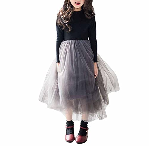 PanpanBox Mädchen Tüllkleid Langarm Patchwork Shirtkleider Rundkragen Prinzessin Partykleid A-Linie Frühling Herbst Freizeitkleid Festliches Kleider (as3, Numeric, Numeric_160, Regular, grau) von PanpanBox