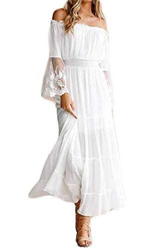 PanpanBox Maxikleid Damen Boho Spitzenkleid Langärmlig Schulterfrei Strandkleid Hoch Taille Lang Chiffon Kleider Frauen Knöchellang Freizeitkleid (as3, Alpha, s, Regular, Regular, weiß) von PanpanBox