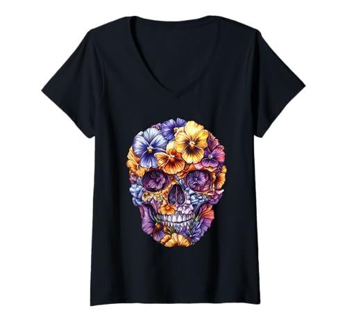 Damen Pansies Skeleton Skull Pansy Flower Nature Gardening T-Shirt mit V-Ausschnitt von Pansies Skeleton Skull Flower Gardener Apparel