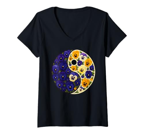 Damen Pansies Yin Yang Pansy Flower T-Shirt mit V-Ausschnitt Damen Pansies Yin Yang Pansy Flower T-Shirt mit V-Ausschnitt von Pansies Yin Yang Flower Gardening Apparel