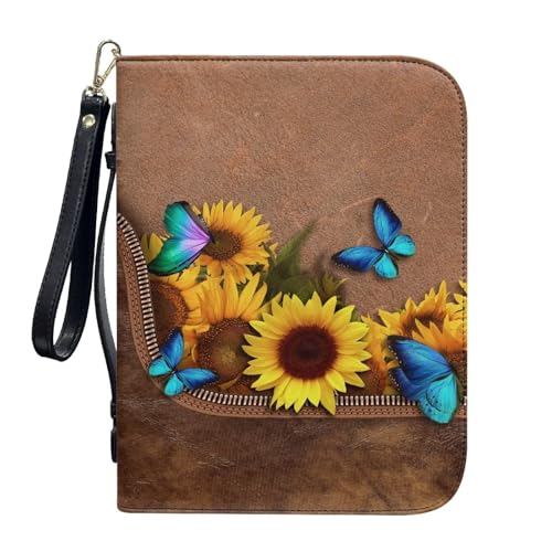 Panskyllis Bibelhülle für Damen, Leder, mit schwarzem Band, personalisierbar, Bibelstudium, Tragetasche, Sonnenblumen-Schmetterlings-Aufdruck, Large von Panskyllis