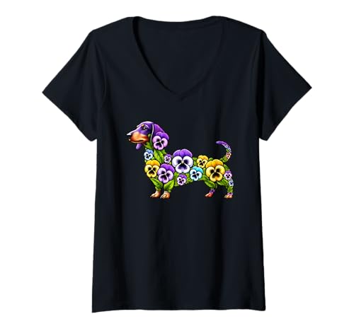 Damen Pansies Dachshund Dog Pansy Flower Gardening Floral T-Shirt mit V-Ausschnitt Damen Pansies Dachshund Dog Pansy Flower Gardening Floral T-Shirt mit V-Ausschnitt von Pansy Dogs Lover Flower Gardening Apparel