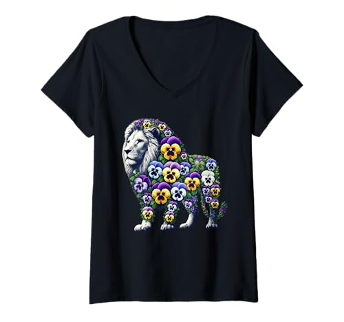 Damen Pansies Lion Pansy Flower Gardening Floral T-Shirt mit V-Ausschnitt von Pansy Lions Lover Flower Gardening Apparel